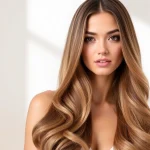 Model displaying invisi edge clip in hair extensions in a bright studio for a seamless look.