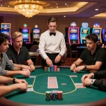 Players engaging in a strategic poker game at LLwin casino table with intense focus and golden lighting.