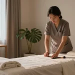 1인샵 spa interior with therapist preparing massage session, featuring candles and aromatherapy oils in a calming atmosphere.