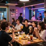 Enjoying 제주유흥 nightlife at a vibrant 룸싸롱 with friends, drinks and laughter highlight the lively atmosphere.