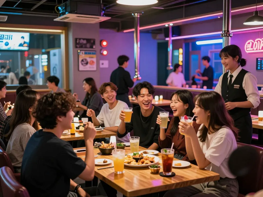 Enjoying 제주유흥 nightlife at a vibrant 룸싸롱 with friends, drinks and laughter highlight the lively atmosphere.