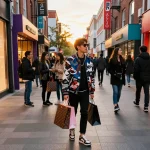 Fashionable individual exploring vibrant city street shopping for high-quality 레플리카 products in trendy boutiques.
