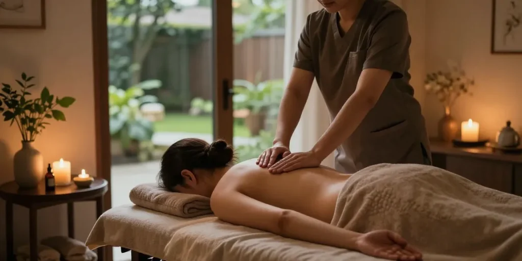 마사지 session in a calm therapy room with soft lighting and soothing decor.