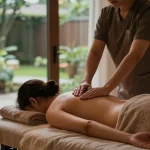 마사지 session in a calm therapy room with soft lighting and soothing decor.