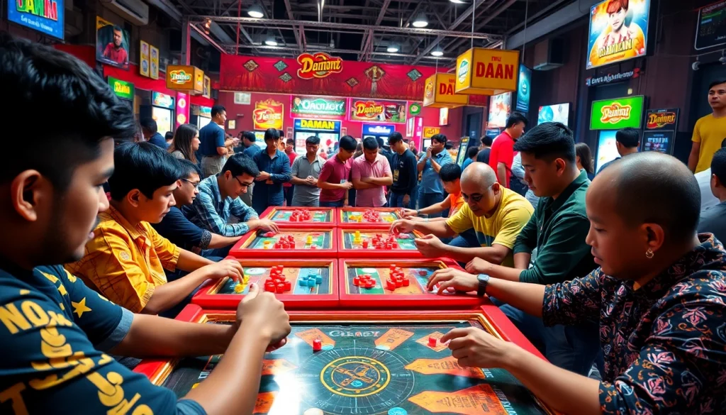 Engaged players competing in thrilling daman games, showcasing vibrant interactions and energetic atmosphere.