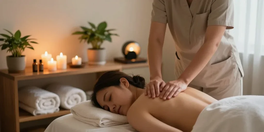 Swedish massage therapy in a tranquil spa setting featuring soothing lights and essential oils.