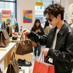 Shopping for stylish 레플리카 사이트 fashion items in a vibrant urban store.