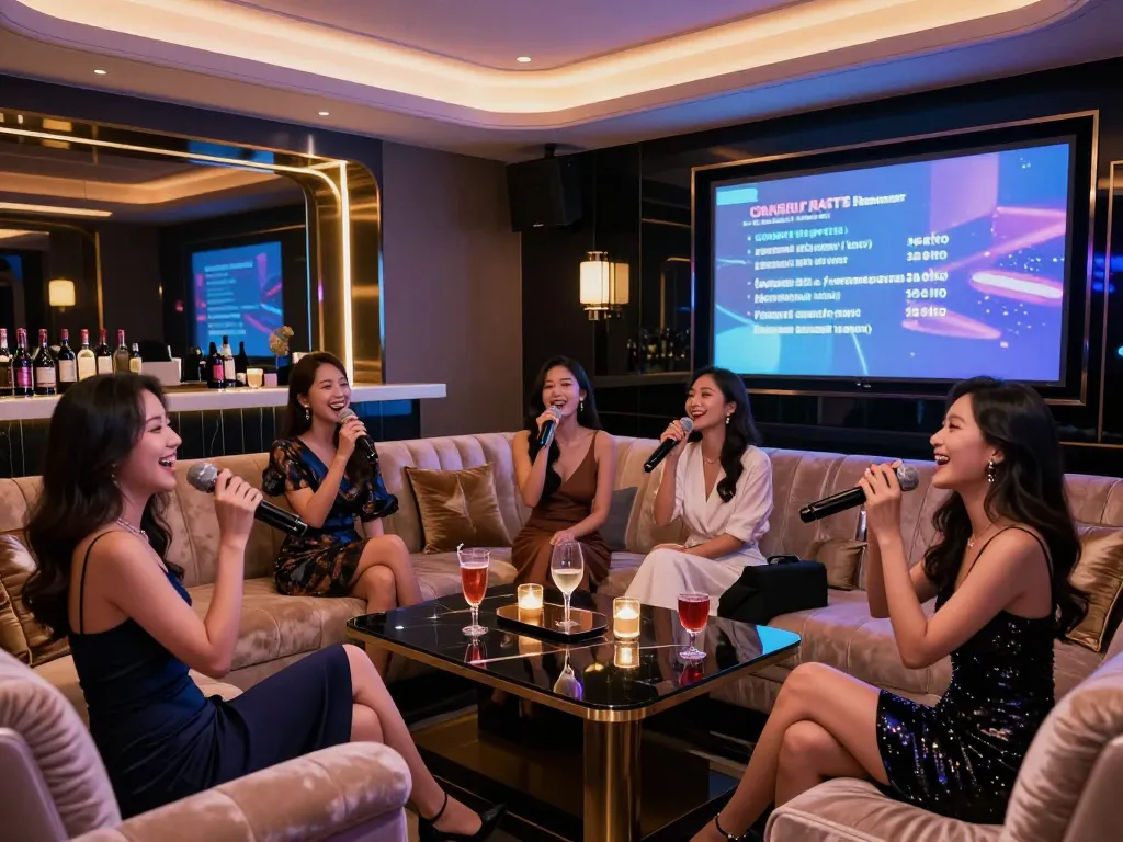 Experience the vibrant atmosphere of 강남가라오케, where guests enjoy luxurious karaoke entertainment in a private room.
