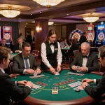 King33 players enjoying an intense blackjack session at a luxurious casino with dealer action.