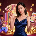Win big with lottery 92 as an Asian woman confidently holds her smartphone displaying exciting game features.
