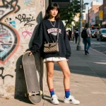 Youthful model flaunting a trendy 레플리카 handbag in a vibrant city scene.