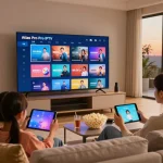Famille profitant d'Atlas Pro IPTV sur une télé intelligente dans un salon confortable.
