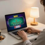 Engaging scene of a player using bj886 for online blackjack, showcasing a laptop interface in a cozy atmosphere.