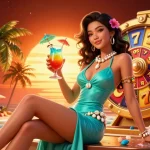 Experience excitement at online casinos with a glamorous woman enjoying a tropical cocktail in a vibrant casino scene.