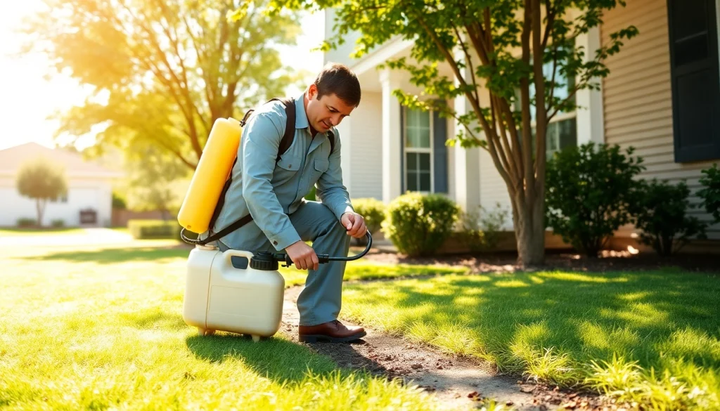 Technician applying liquid termite treatment around a home, ensuring pest protection.