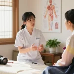 Consultation at 수원교통사고한의원 showcasing a practitioner explaining treatment options with herbal remedies.