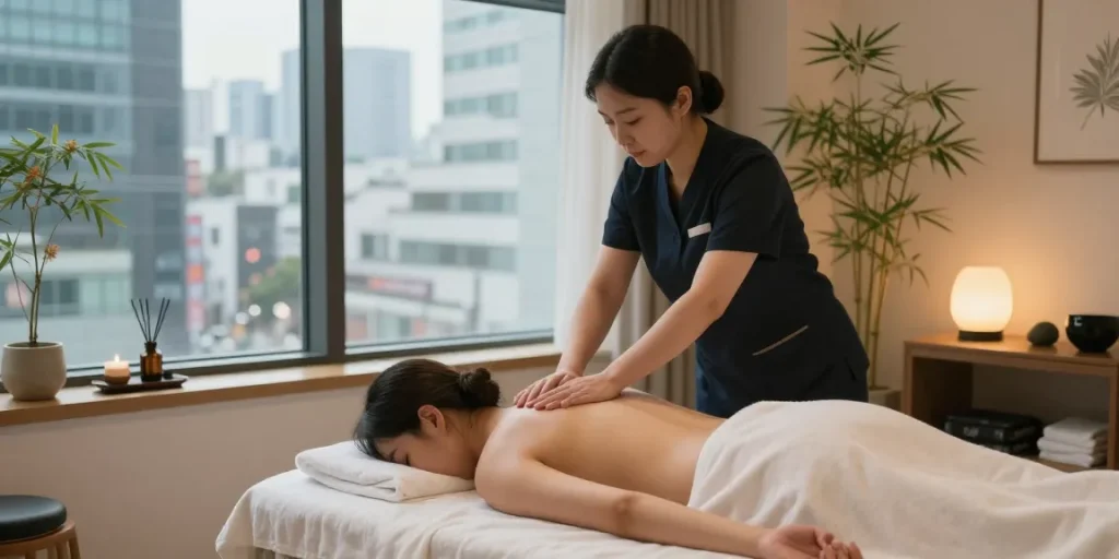 1인샵 massage therapist providing a soothing Swedish massage in a peaceful urban spa setting in Seoul with calming decor.