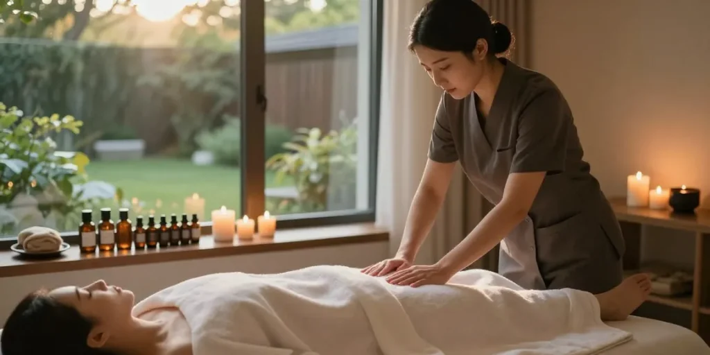 마포스웨디시 massage therapy session in a tranquil spa environment with aromatic oils and soft lighting.