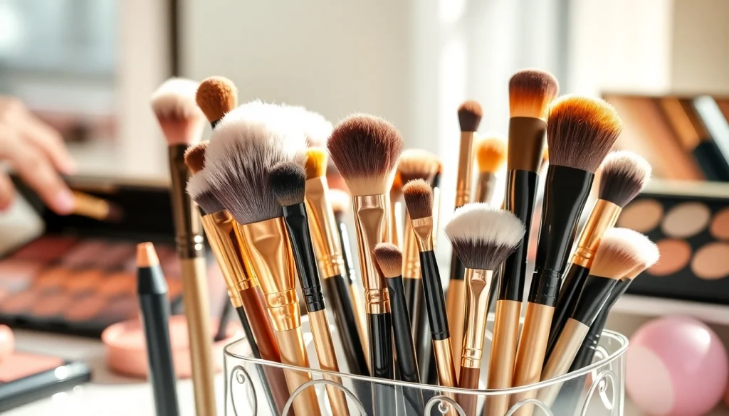 Using makeup blending brushes for a flawless makeup application in a stylish setup.