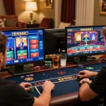 Player engaged in thrilling online gaming at DN88, surrounded by vibrant poker and slot visuals
