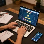 Engaged user playing FAFA828 online casino game on laptop with strategy notes around