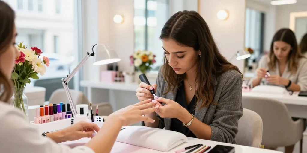 Artist profesional de unghii folosind o lampa UV LED unghii pentru manichiură cu gel într-un salon elegant.