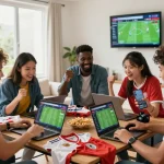 Friends analyzing kèo nhà cái on laptops during a sports betting event, capturing excitement and competitive atmosphere.
