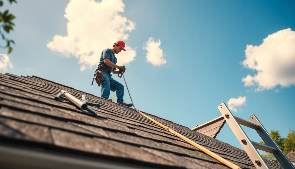 Contractor performing roof repair on a residential home, showcasing expertise.