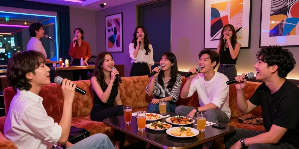 Enjoying a lively night at 인천쓰리노, vibrant room with plush seating and colorful lighting as friends sing karaoke together.