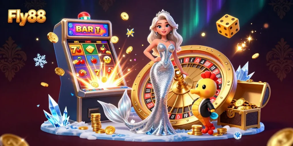 Experience thrilling gaming with Fly88's vibrant scene of a glamorous mermaid and exciting casino games.