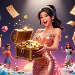 Cresus Casino présente une femme asiatique joyeuse présentant des trésors au milieu d'éléments de jeu vibrants, incarnant l'excitation.