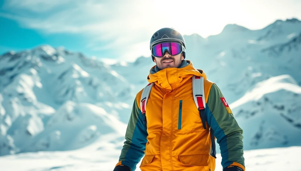 Experience the best winter apparel store [Location] with stylish winter gear showcased in a snowy mountain setting.