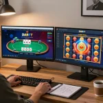 DABET online gaming setup showcasing a poker game and slot machines in a comfortable home office.