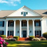 Showcasing an elegant colonial home build with grand columns and lush landscaping.