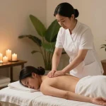 Relaxing 스웨디시 massage in a tranquil spa setting with candles and soothing ambiance.