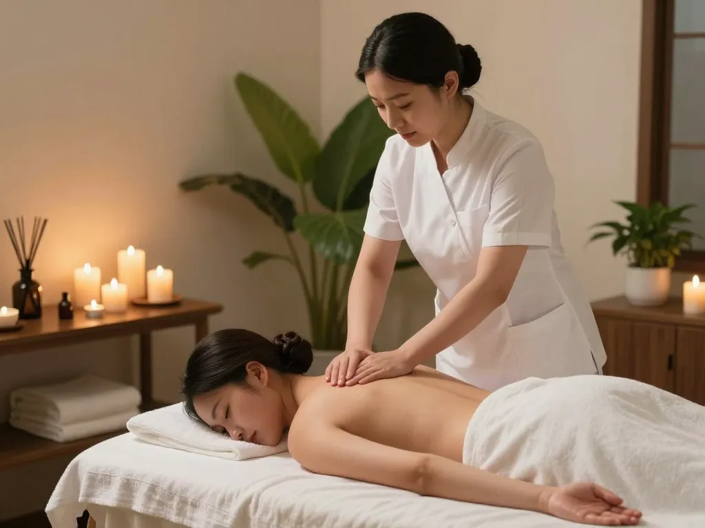 Relaxing 스웨디시 massage in a tranquil spa setting with candles and soothing ambiance.