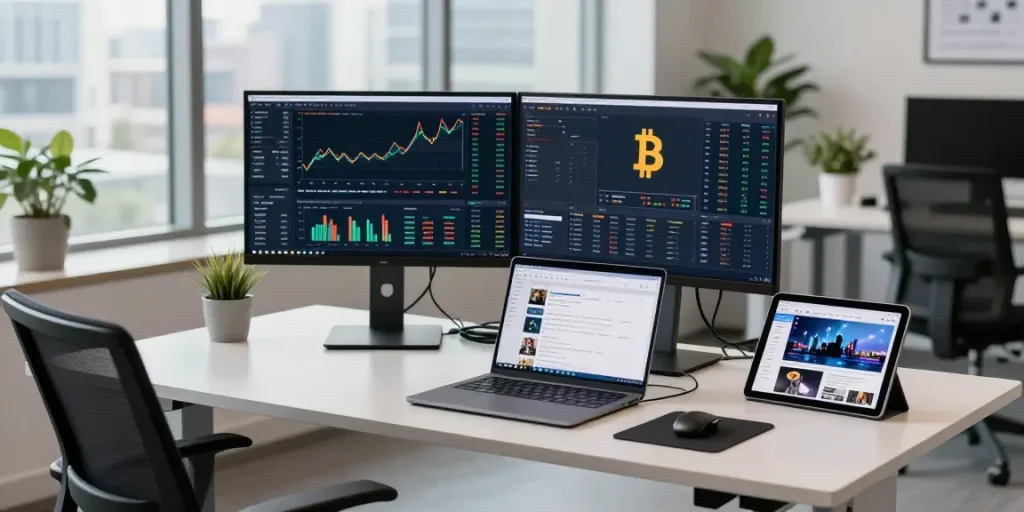 Best cloud mining platform 2026 shown in a modern cryptocurrency workspace with trading charts and analytics for Bitcoin