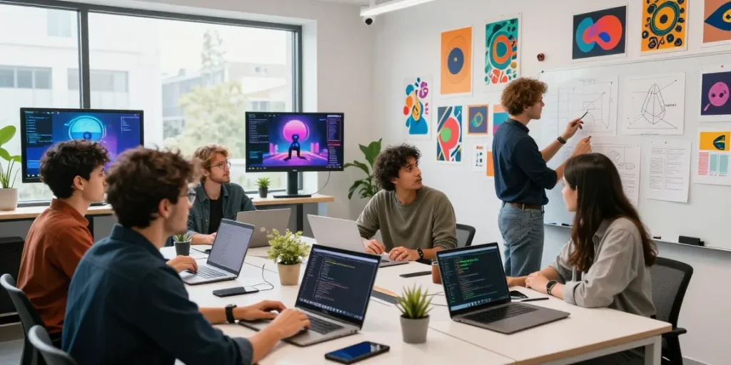 Diverse creators collaborating on NSFW AI applications in a vibrant digital studio.