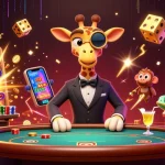 Découvrez l'excitation du casino en ligne avec une girafe charismatique et des personnages animés dans un environnement vibrant.
