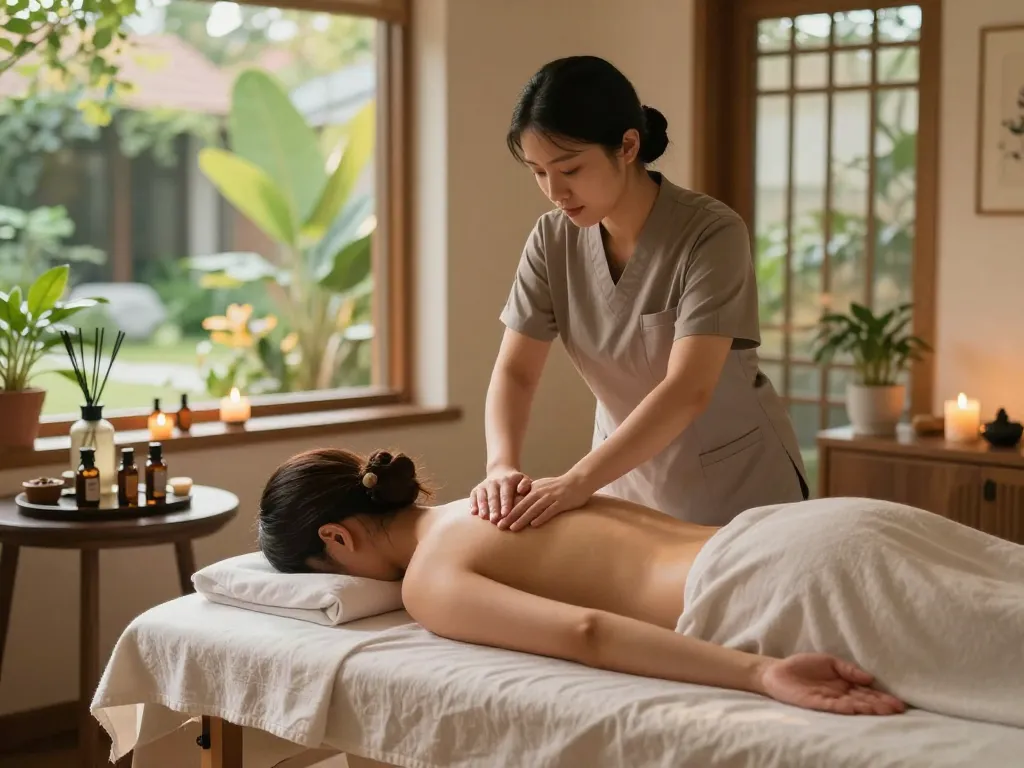 Massage therapist performing Swedish massage in a tranquil setting with calming elements.