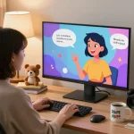 Engaging conversation with NSFW AI character in a creative home office setting with a cozy atmosphere