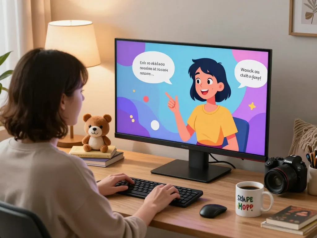 Engaging conversation with NSFW AI character in a creative home office setting with a cozy atmosphere