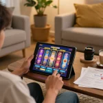 Engaged player enjoying situs slot game on tablet in cozy home setting with warm ambiance.
