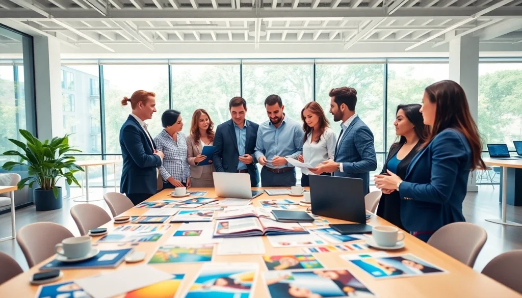 Corporate Event Planners brainstorming in a vibrant office, showcasing collaboration.