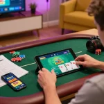 Player strategizing for poker on 888top tablet during cozy gaming session.