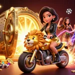 Experience thrilling betting with tỷ số trực tuyến 7M as a glamorous Asian woman rides a golden lion mascot through dazzling treasures.