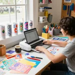 Creative individual using SVG files at a vibrant crafting workspace.