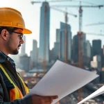 New York City Commercial General Contractor analyzing blueprints on a dynamic construction site.