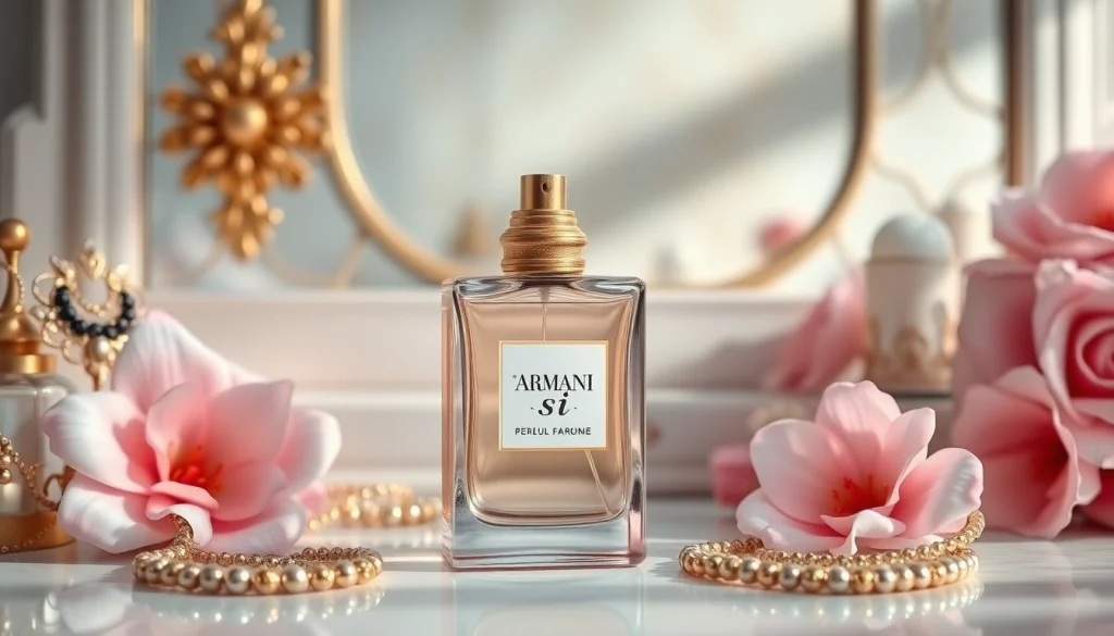 Showcase Armani si fragrance in an elegant setting with intricate detailing.