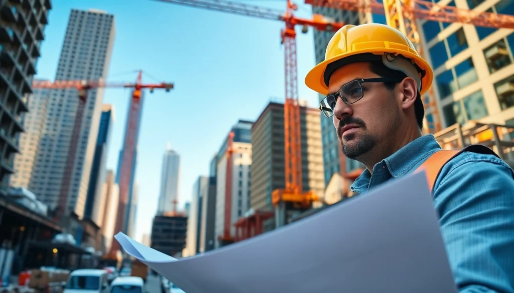 New York General Contractor overseeing a bustling construction project in the urban skyline.